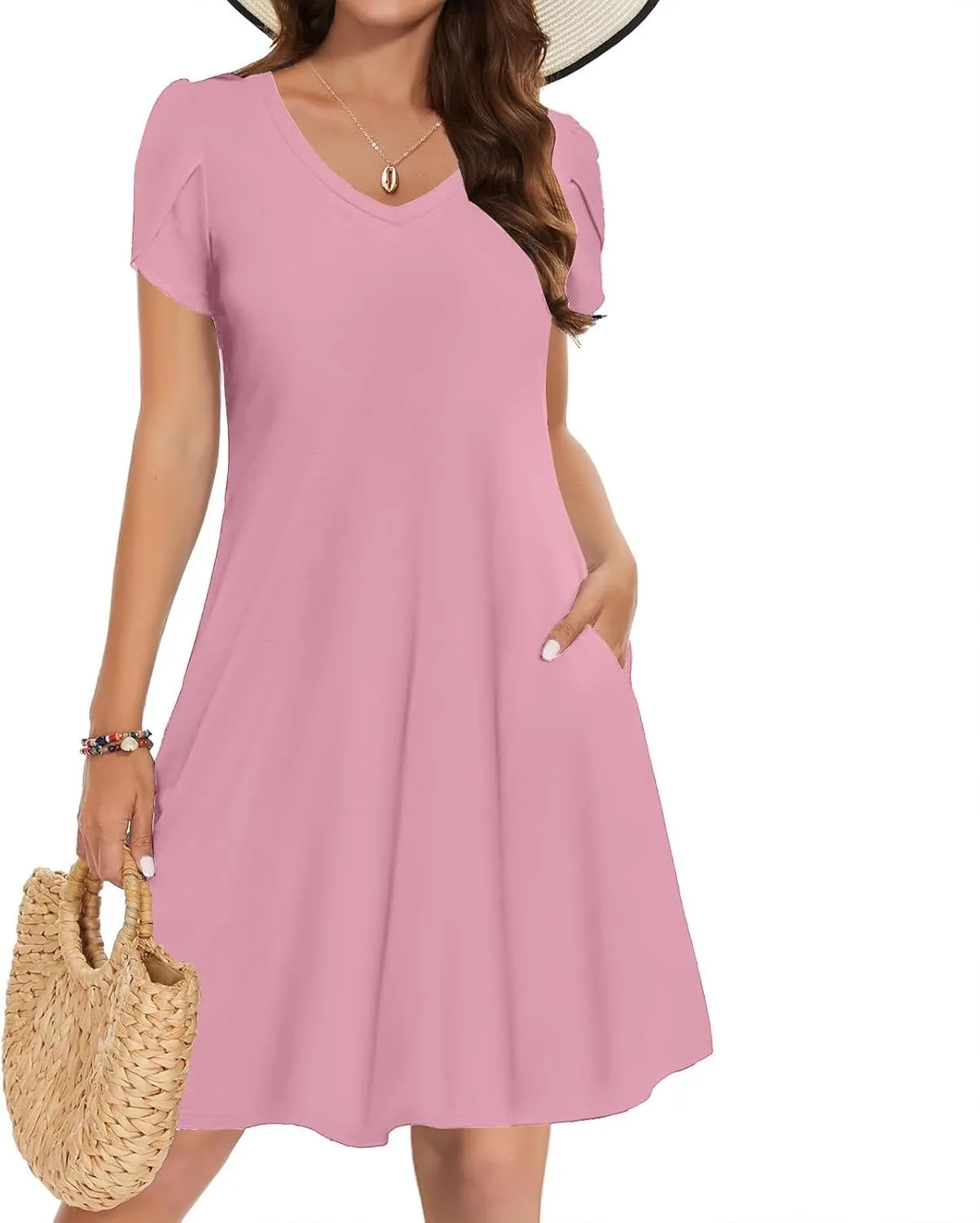 Dresses for Women 2025 Boho Vacation Beach Dress V Neck A Line Dress Loose Flowy Petal Sleeve Midi Dress with Pockets