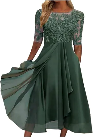 Elegant Embroidery Midi Dresses for Women Flowy Lace Cap Sleeve Dress 2025 Chiffon Plus Size Formal Evening Gowns