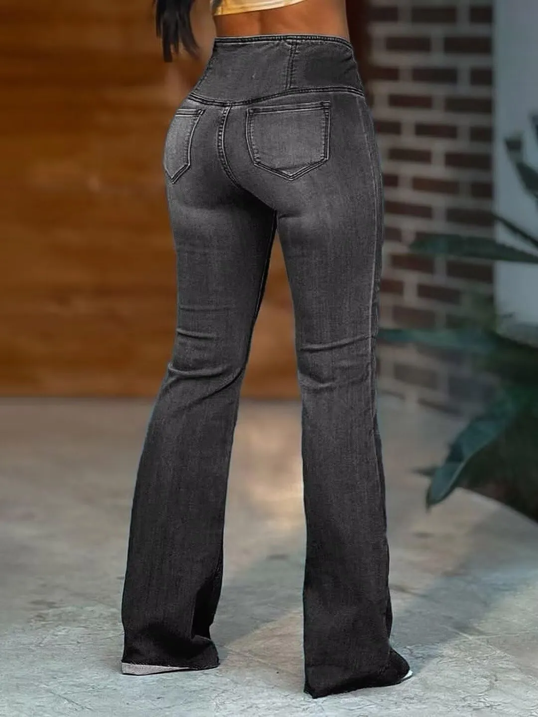 Flamingals Flared Wide Leg High Rise Casual Wash Wrap Denim Jeans
