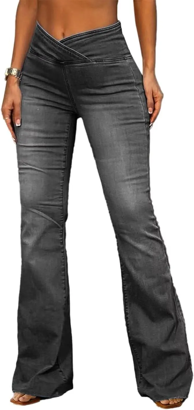 Flamingals Flared Wide Leg High Rise Casual Wash Wrap Denim Jeans
