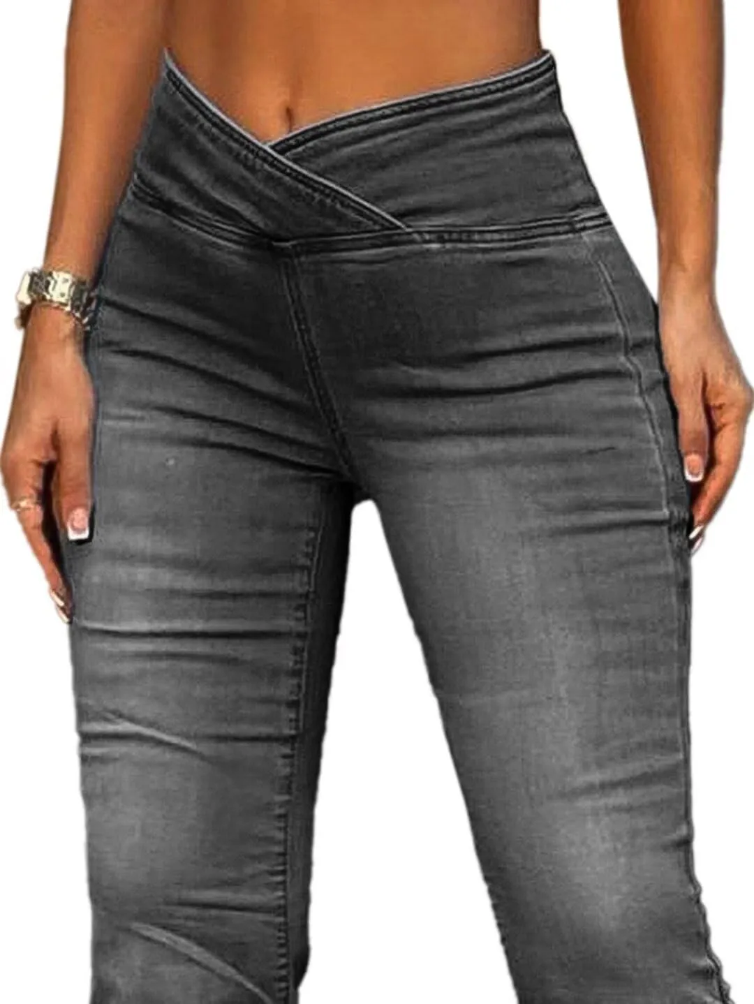 Flamingals Flared Wide Leg High Rise Casual Wash Wrap Denim Jeans