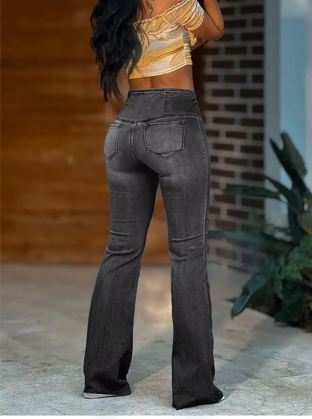 Flamingals Flared Wide Leg High Rise Casual Wash Wrap Denim Jeans