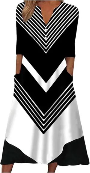 FlekmanArt Dresses for Women 2023 Casual Button-Up Solid Color Printed Dress Small V-Neck Loose 1/2 Sleeve Dress with Pocket