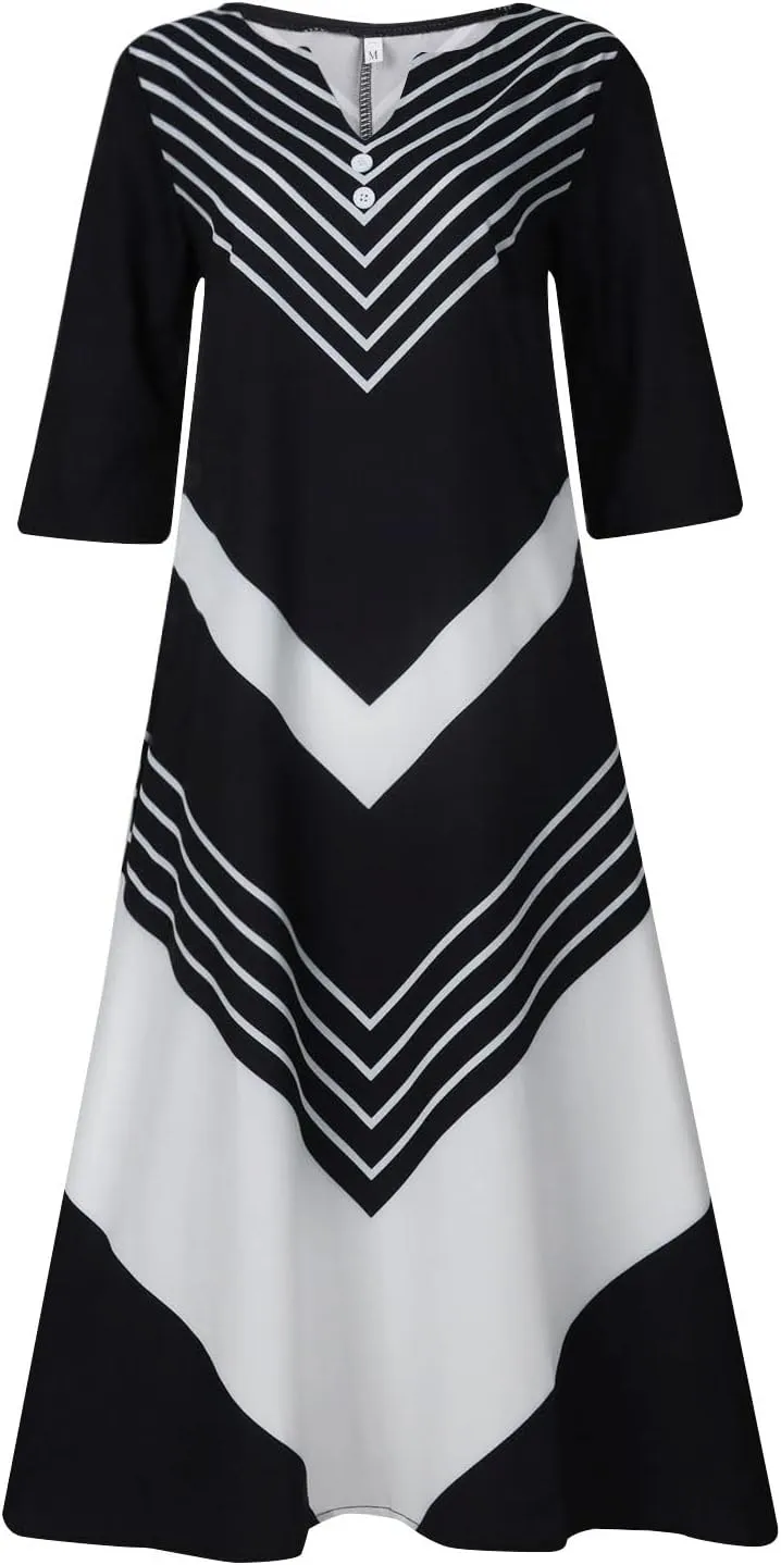 FlekmanArt Dresses for Women 2023 Casual Button-Up Solid Color Printed Dress Small V-Neck Loose 1/2 Sleeve Dress with Pocket