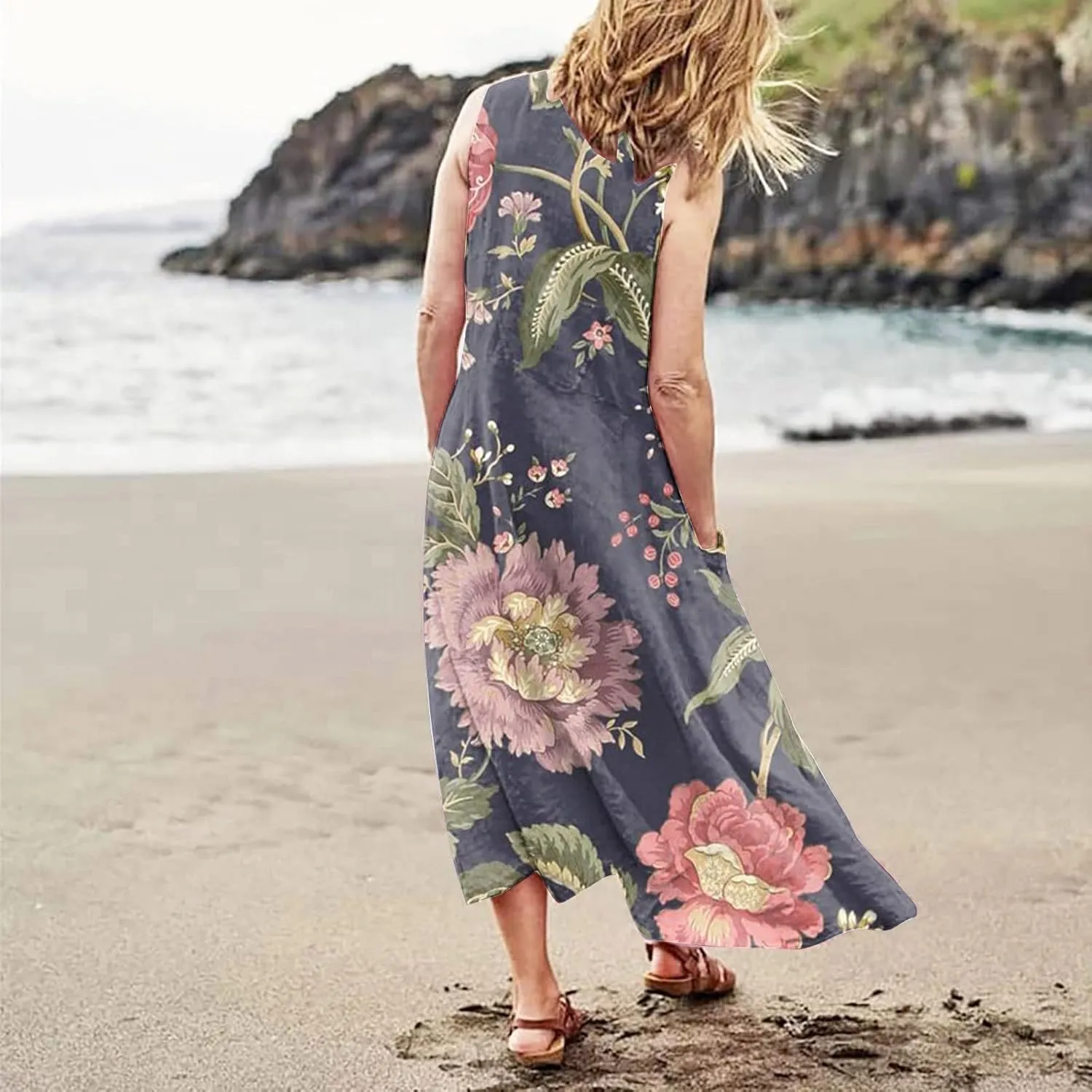FlekmanArt Women Cotton and Linen Shirt Dress 2023 Summer U Neck Sleeveless Dress Gradient Casual Flowy Dress with Pocket