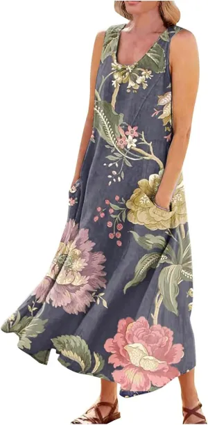 FlekmanArt Women Cotton and Linen Shirt Dress 2023 Summer U Neck Sleeveless Dress Gradient Casual Flowy Dress with Pocket