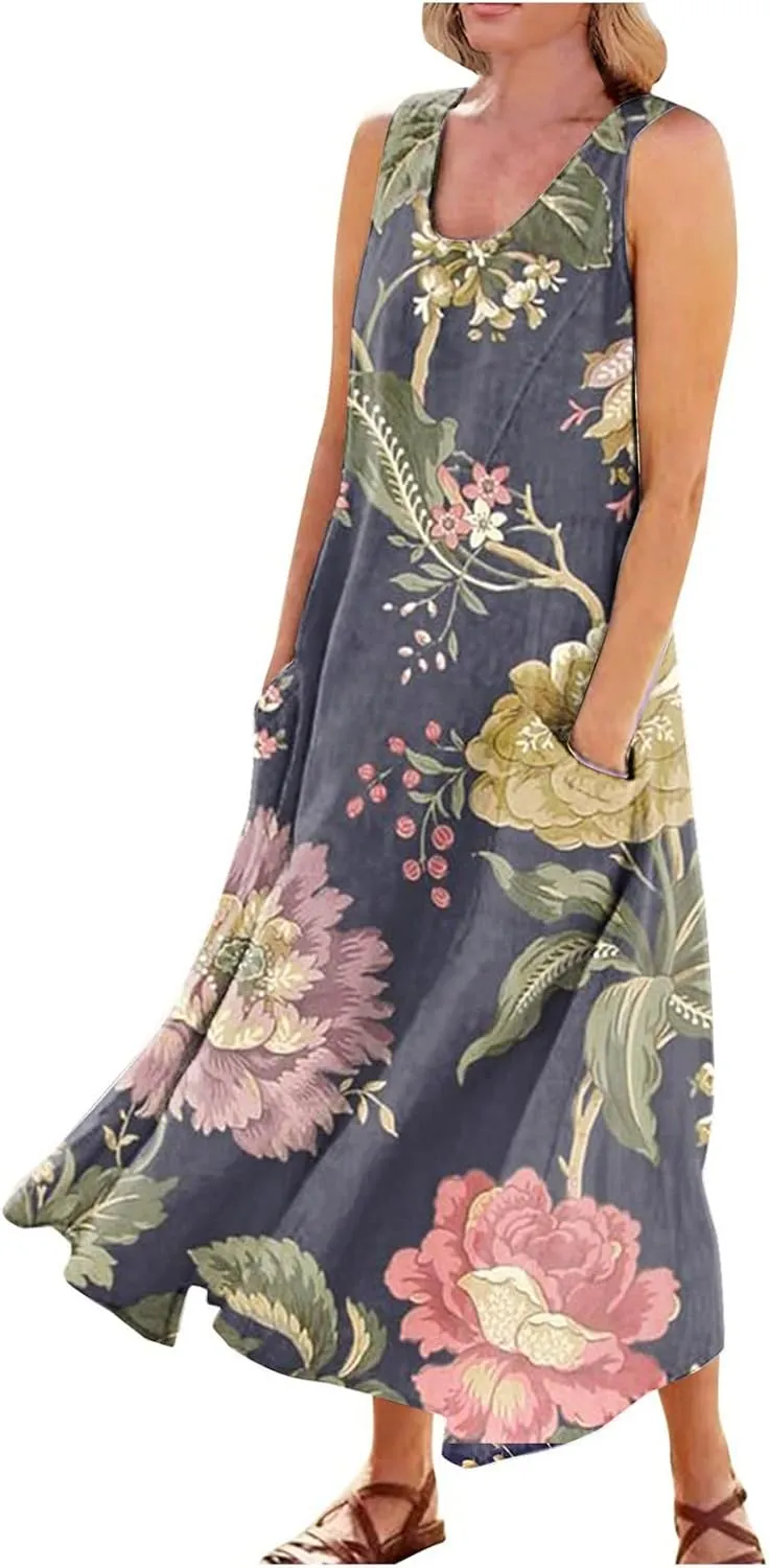 FlekmanArt Women Cotton and Linen Shirt Dress 2023 Summer U Neck Sleeveless Dress Gradient Casual Flowy Dress with Pocket