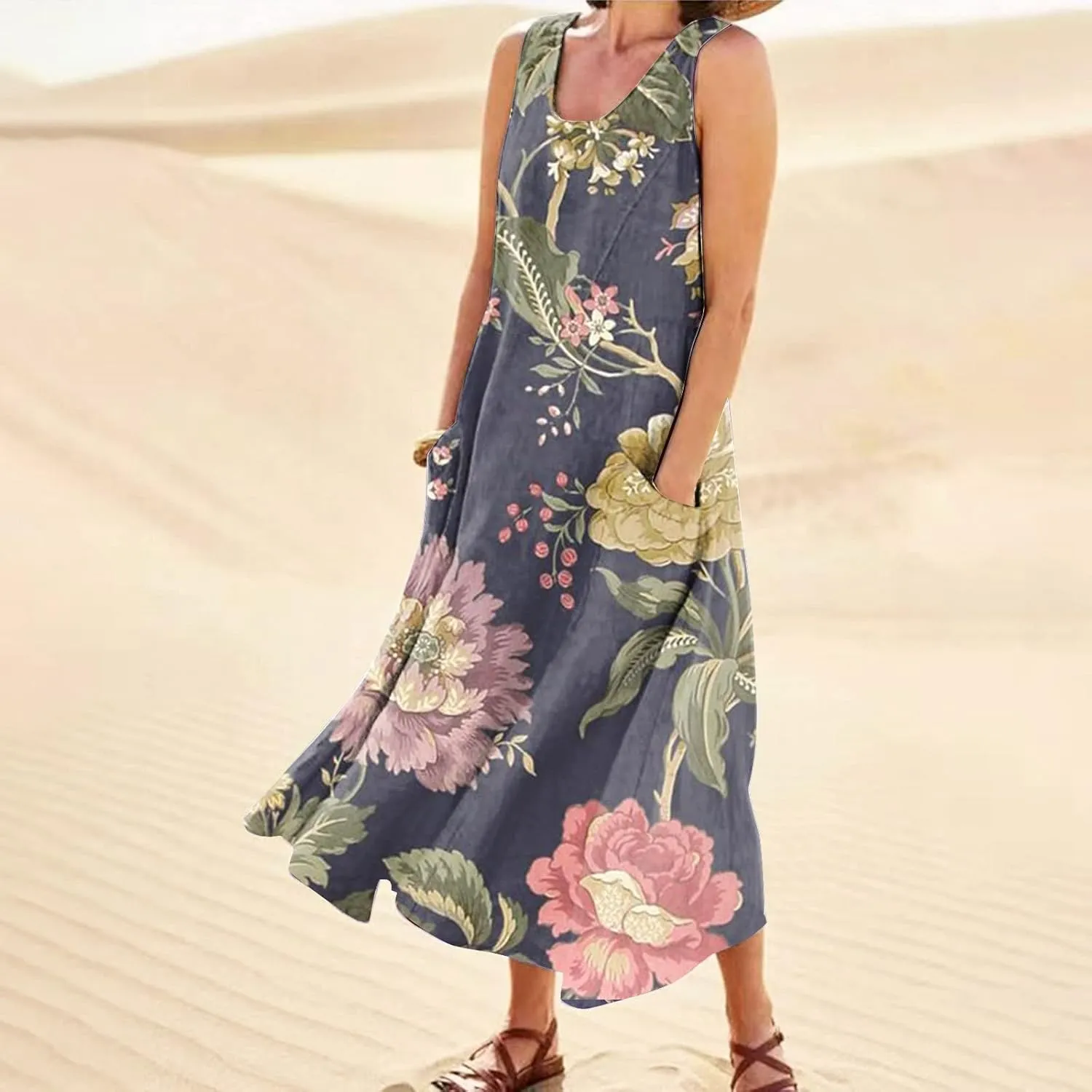 FlekmanArt Women Cotton and Linen Shirt Dress 2023 Summer U Neck Sleeveless Dress Gradient Casual Flowy Dress with Pocket