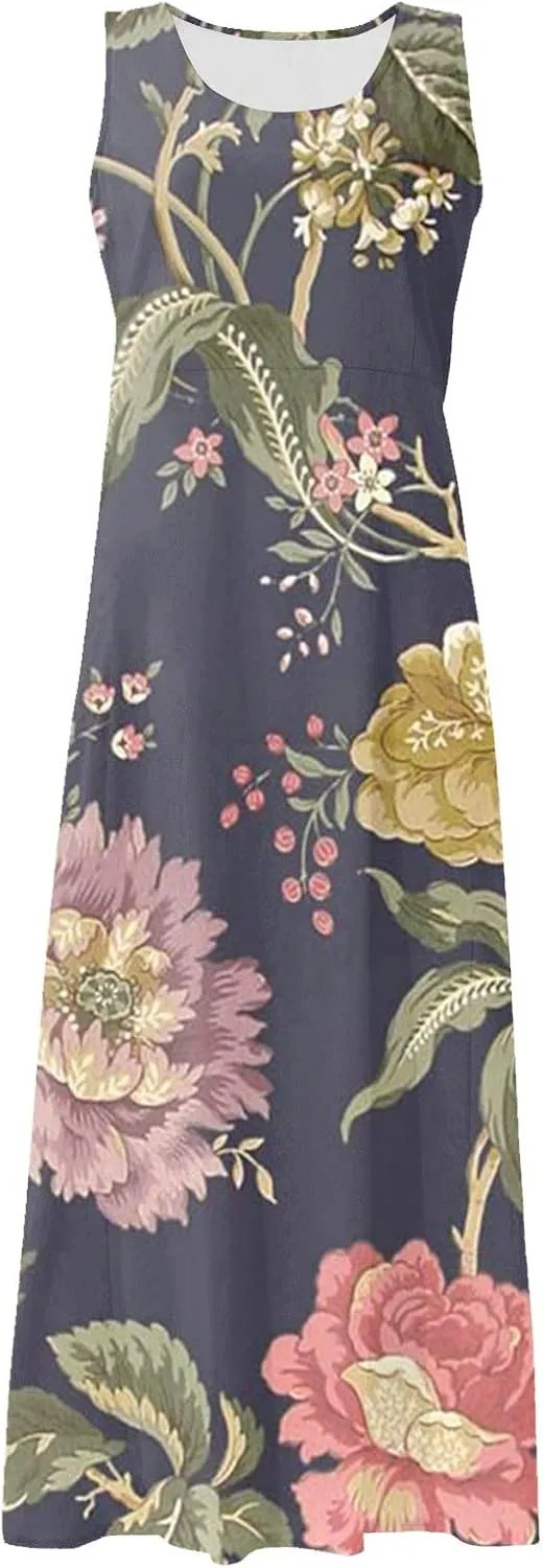 FlekmanArt Women Cotton and Linen Shirt Dress 2023 Summer U Neck Sleeveless Dress Gradient Casual Flowy Dress with Pocket
