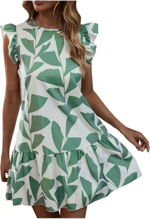Floral Sundresses for Women 2024 Boho Drawstring V Neck Print Ruffle Sleeves Casual Beach Mini Vacation Sundress