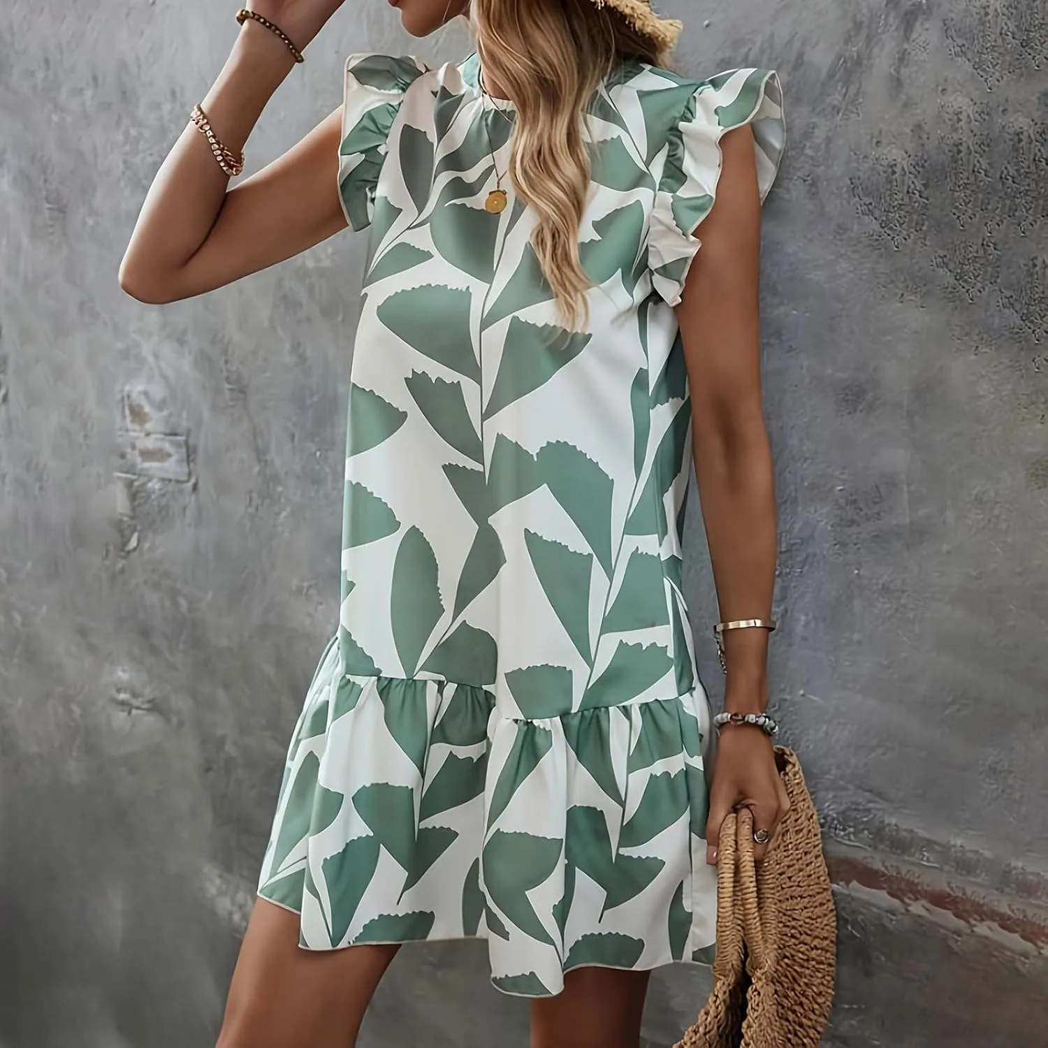 Floral Sundresses for Women 2024 Boho Drawstring V Neck Print Ruffle Sleeves Casual Beach Mini Vacation Sundress
