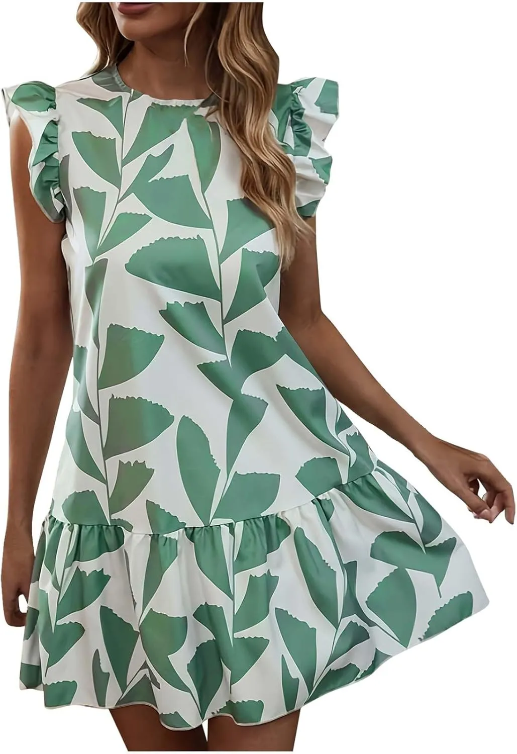 Floral Sundresses for Women 2024 Boho Drawstring V Neck Print Ruffle Sleeves Casual Beach Mini Vacation Sundress