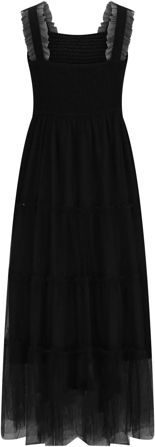 Flowy Dresses for Women Trendy Summer Midi Beach Dress Sleeveless Smocked Square Neck Party Wedding Guest Sundress