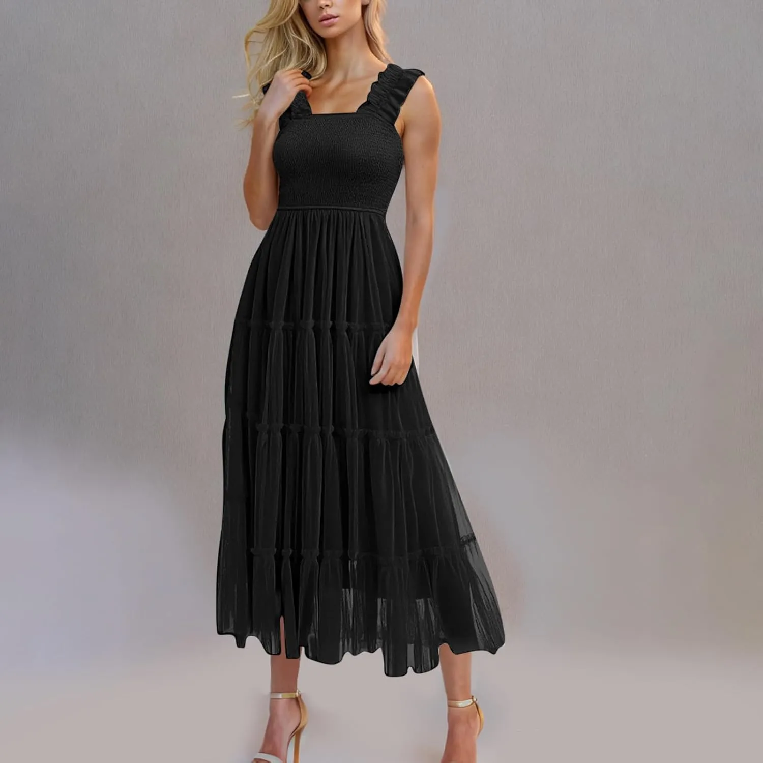 Flowy Dresses for Women Trendy Summer Midi Beach Dress Sleeveless Smocked Square Neck Party Wedding Guest Sundress