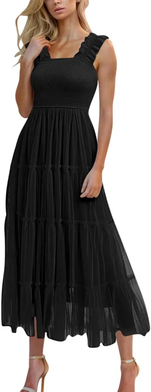 Flowy Dresses for Women Trendy Summer Midi Beach Dress Sleeveless Smocked Square Neck Party Wedding Guest Sundress
