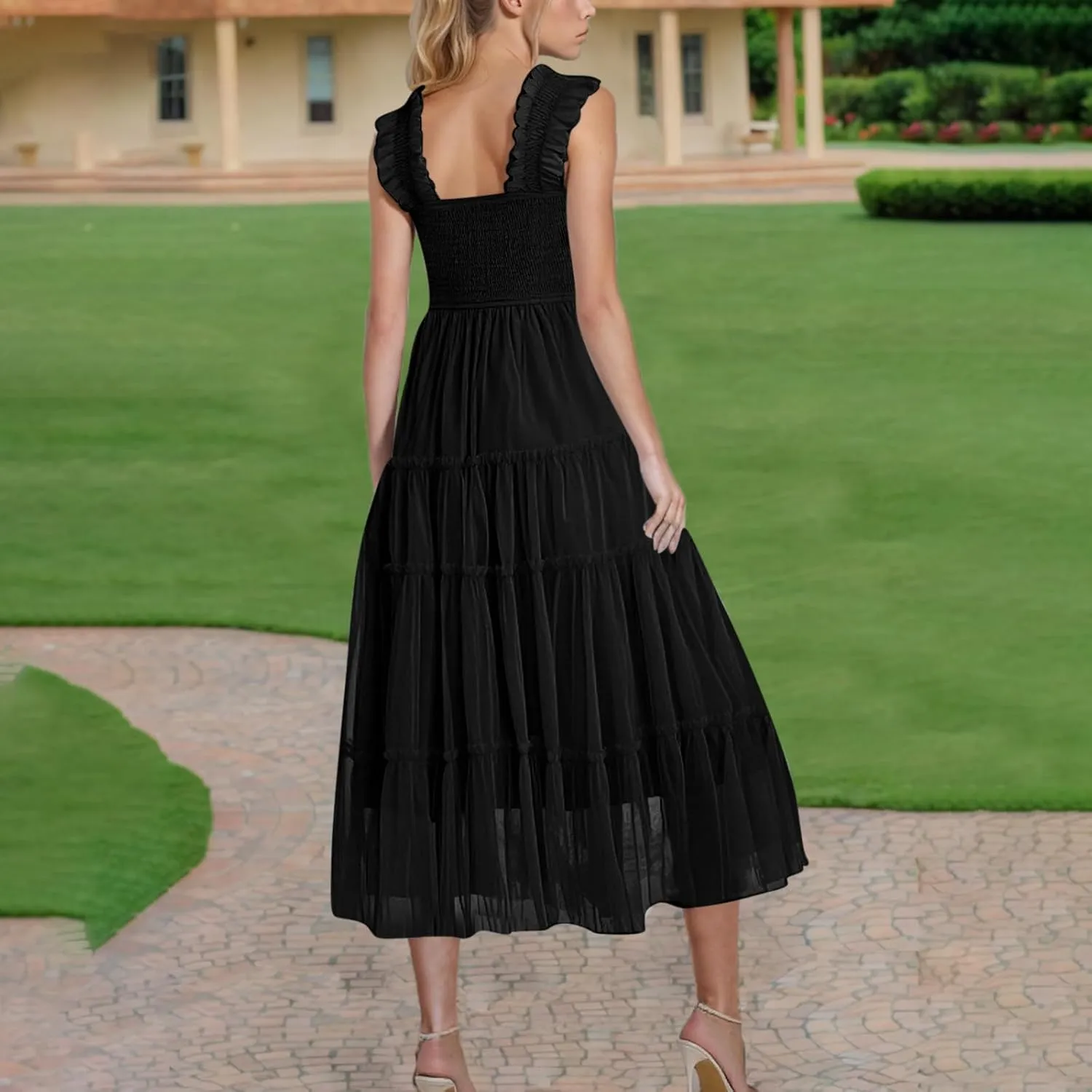 Flowy Dresses for Women Trendy Summer Midi Beach Dress Sleeveless Smocked Square Neck Party Wedding Guest Sundress