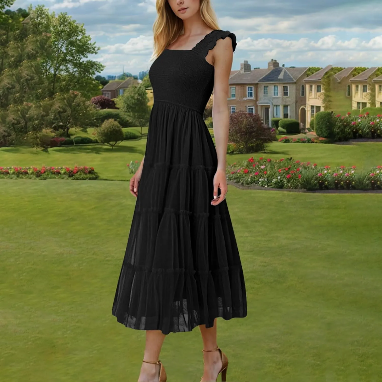 Flowy Dresses for Women Trendy Summer Midi Beach Dress Sleeveless Smocked Square Neck Party Wedding Guest Sundress