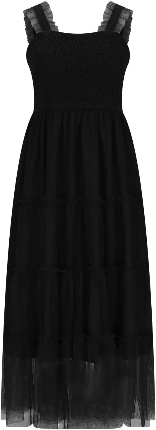 Flowy Dresses for Women Trendy Summer Midi Beach Dress Sleeveless Smocked Square Neck Party Wedding Guest Sundress