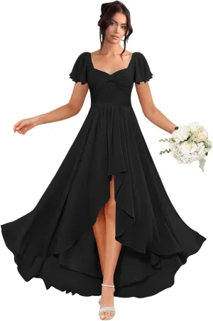 Flutter Sleeve Bridesmaid Dresses for Wedding Pleated Chiffon Square Collar Formal Gowns A-Line Party Dress with Pockets