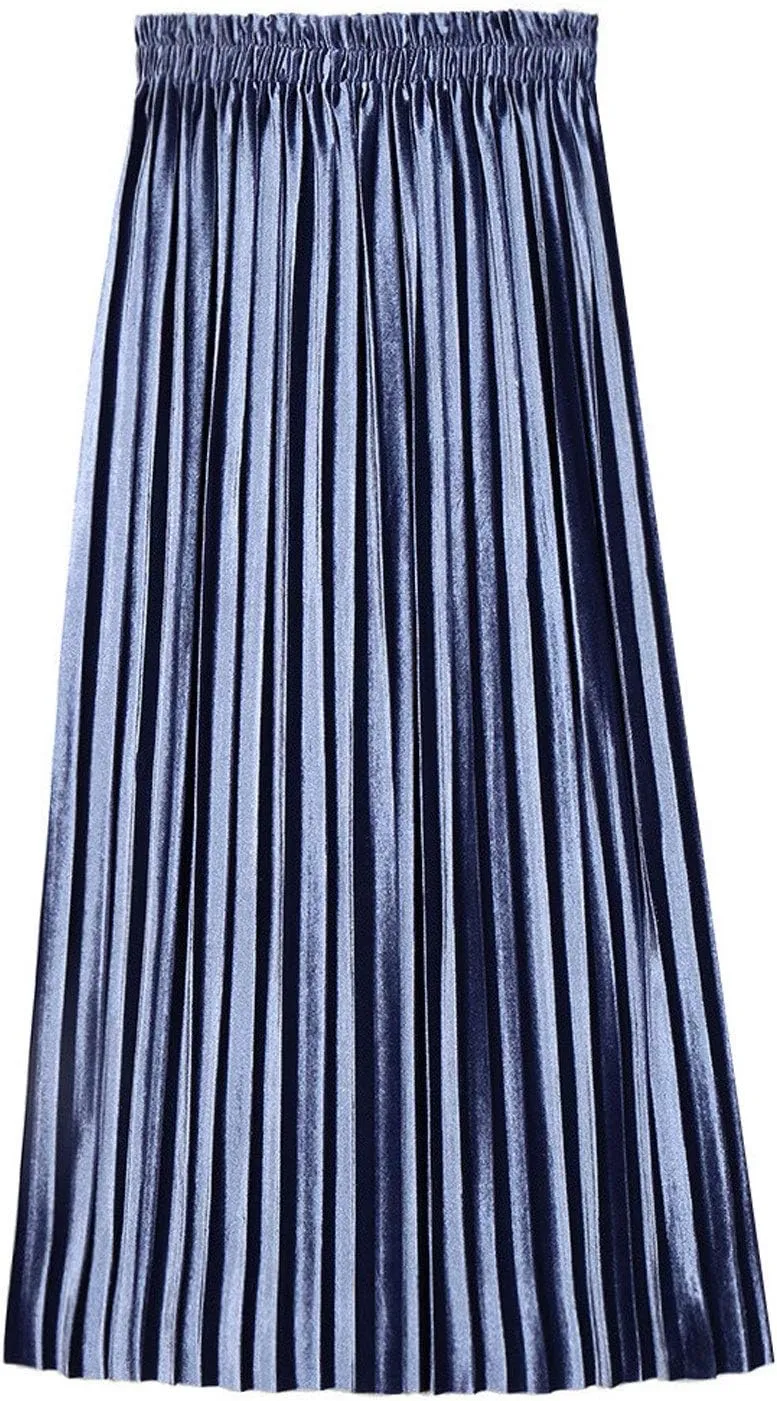 Flygo Women's Vintage High Waisted Pleated Velvet Midi Skirt