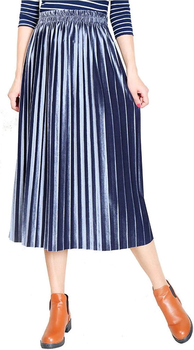 Flygo Women's Vintage High Waisted Pleated Velvet Midi Skirt