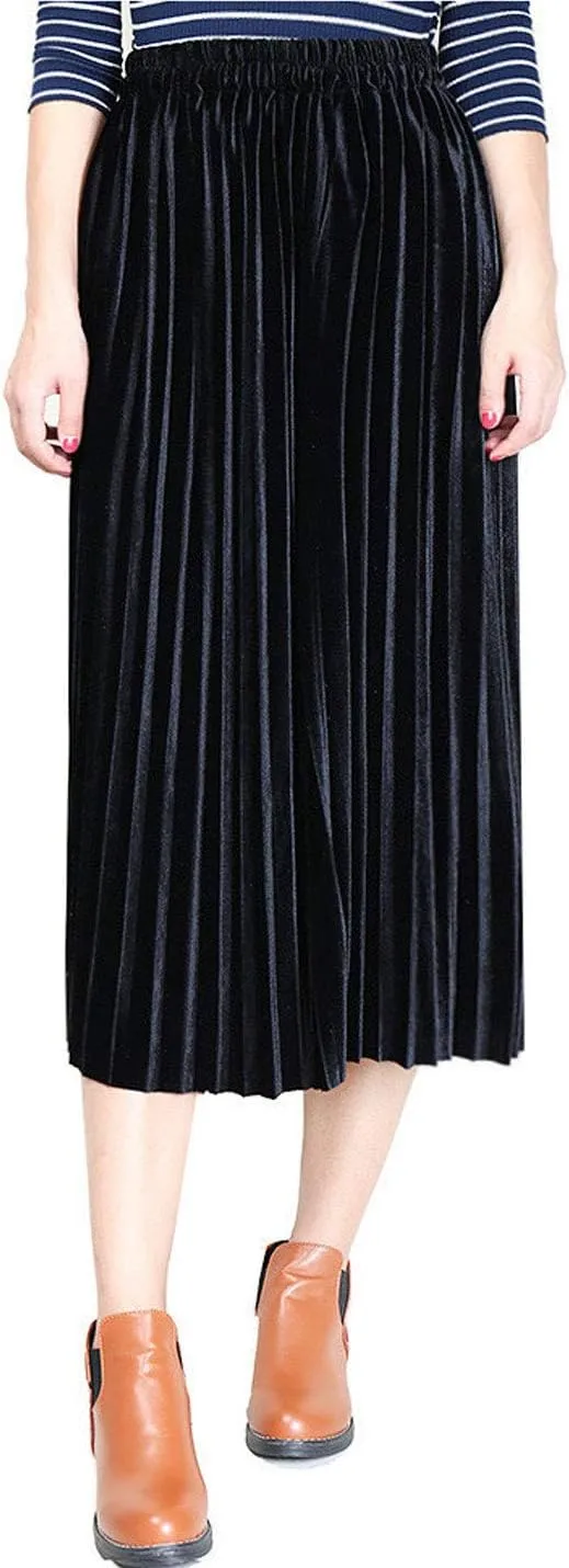 Flygo Women's Vintage High Waisted Pleated Velvet Midi Skirt