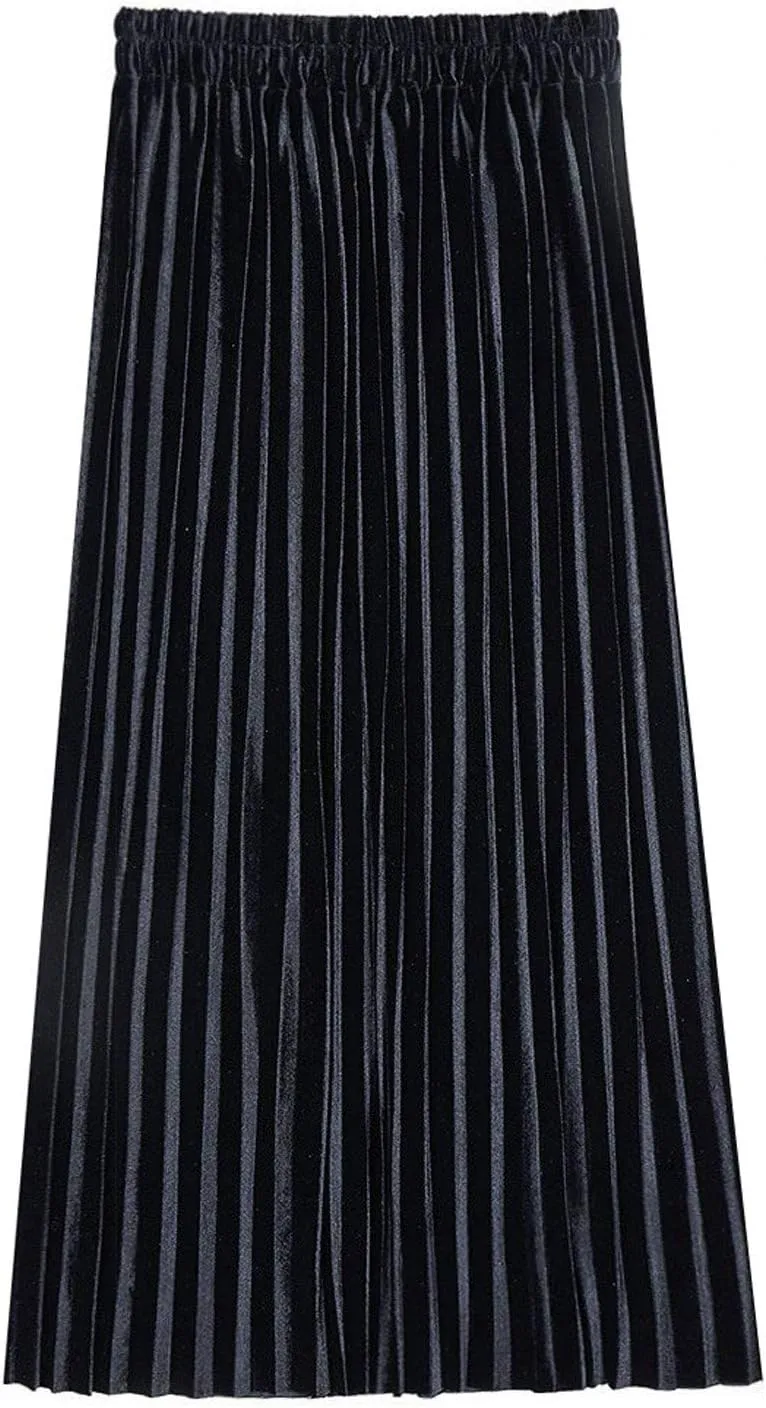 Flygo Women's Vintage High Waisted Pleated Velvet Midi Skirt