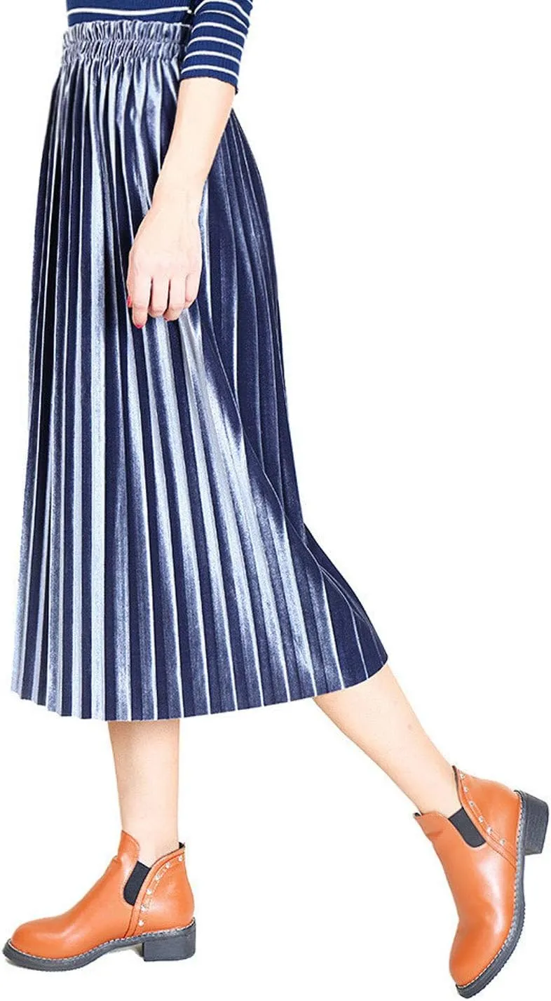 Flygo Women's Vintage High Waisted Pleated Velvet Midi Skirt