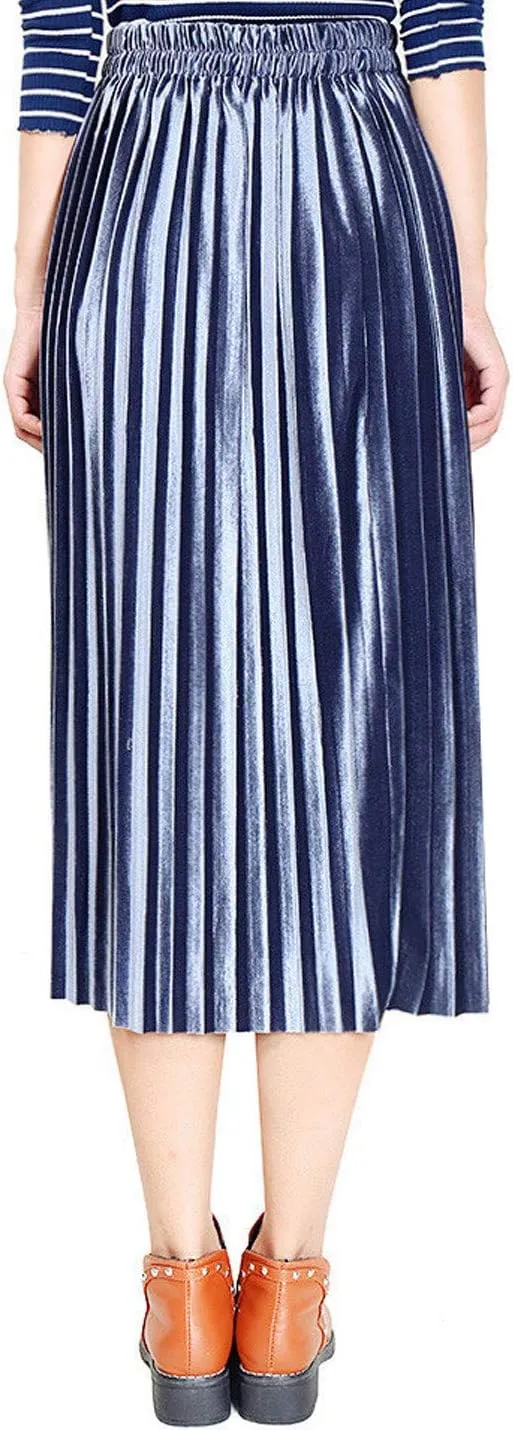 Flygo Women's Vintage High Waisted Pleated Velvet Midi Skirt