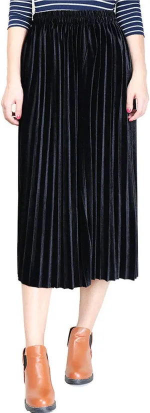 Flygo Women's Vintage High Waisted Pleated Velvet Midi Skirt