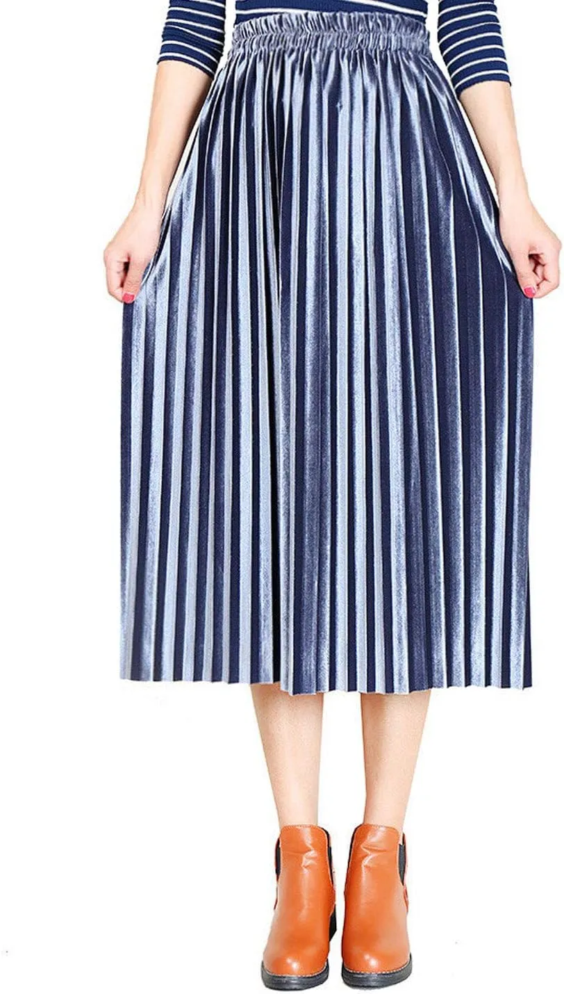 Flygo Women's Vintage High Waisted Pleated Velvet Midi Skirt