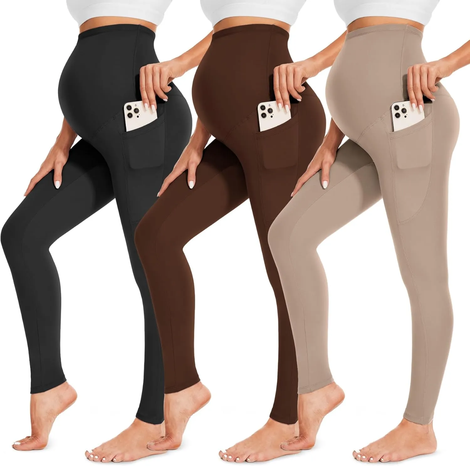 FULLSOFT 3 Pack Womens Maternity Leggings Over The Belly-High Waisted Workout Pregnancy Yoga Pants Pockets