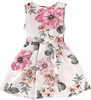 Girls 4 to 7 Years Old Floral Print Ruffle V Neck Sleeveless Dress Round Neck Mini Dress Girls 7 (White, 4-5 Years)