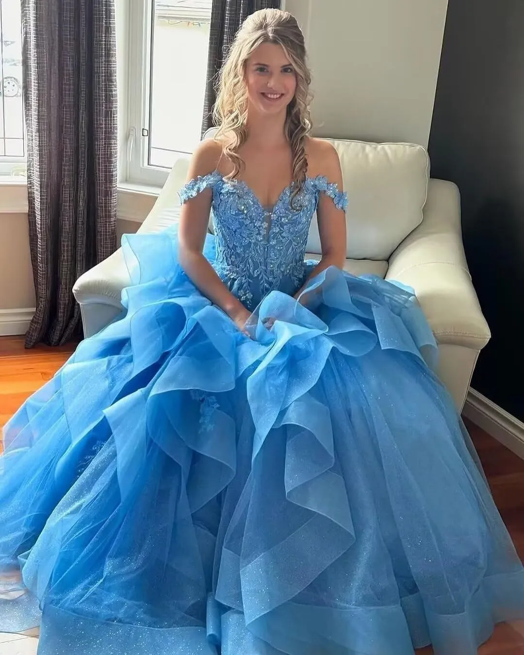 Glitter Tulle Prom Dress Lace Applique Ball Gowns Puffy Prom Dresses for Women Off The Shoulder Formal Evening Gown