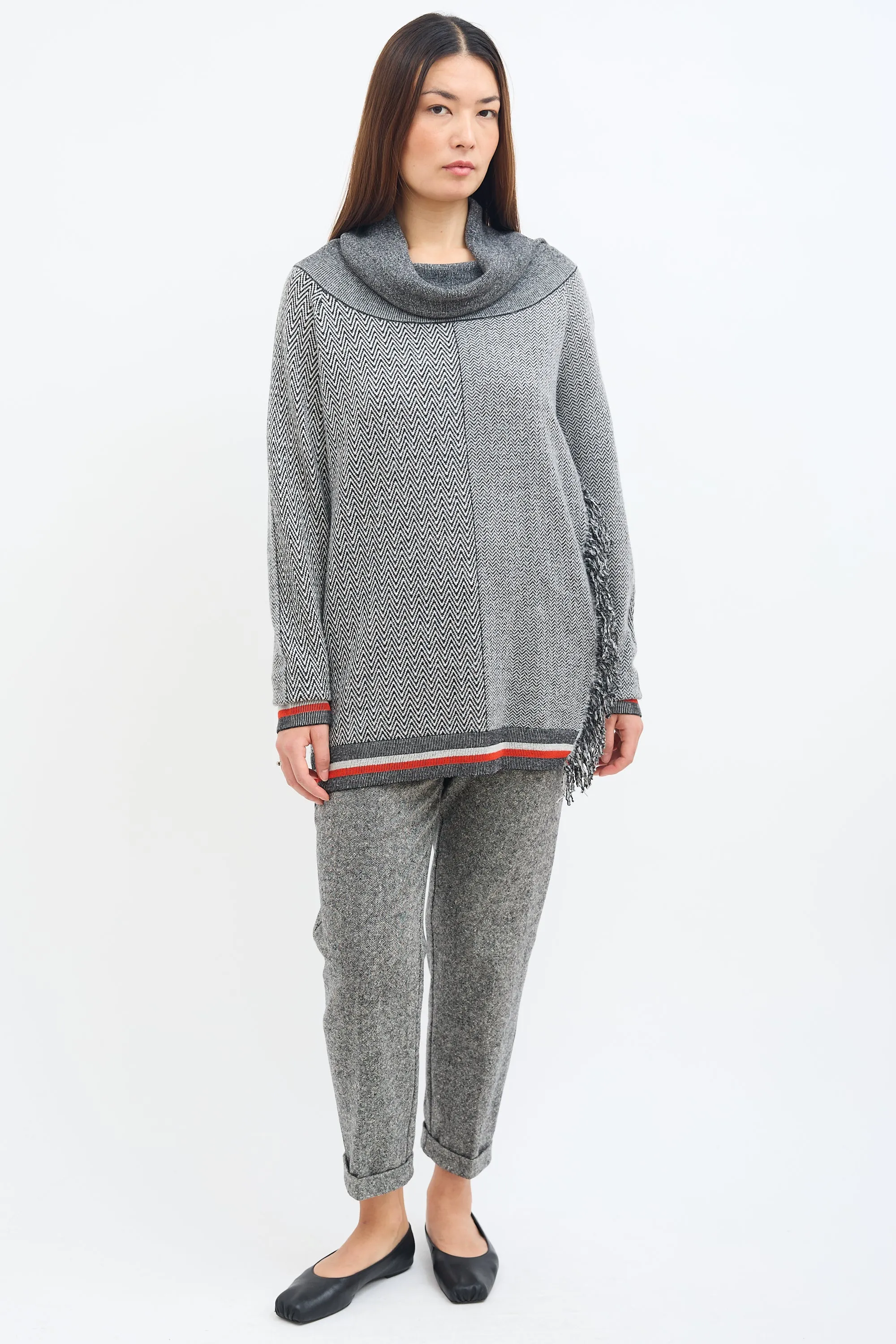 Grey Tweed Stripe & Fringe Sweater