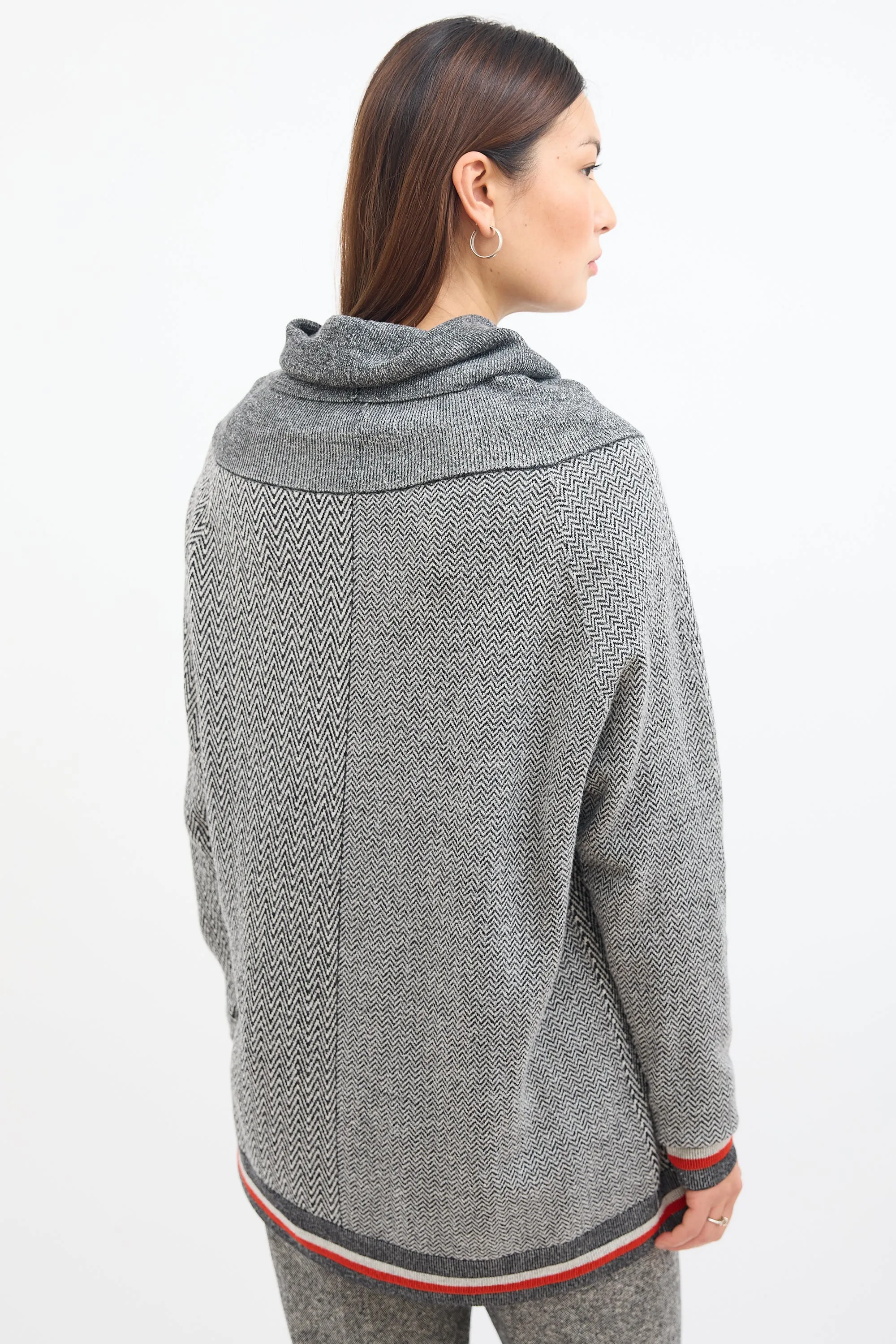 Grey Tweed Stripe & Fringe Sweater