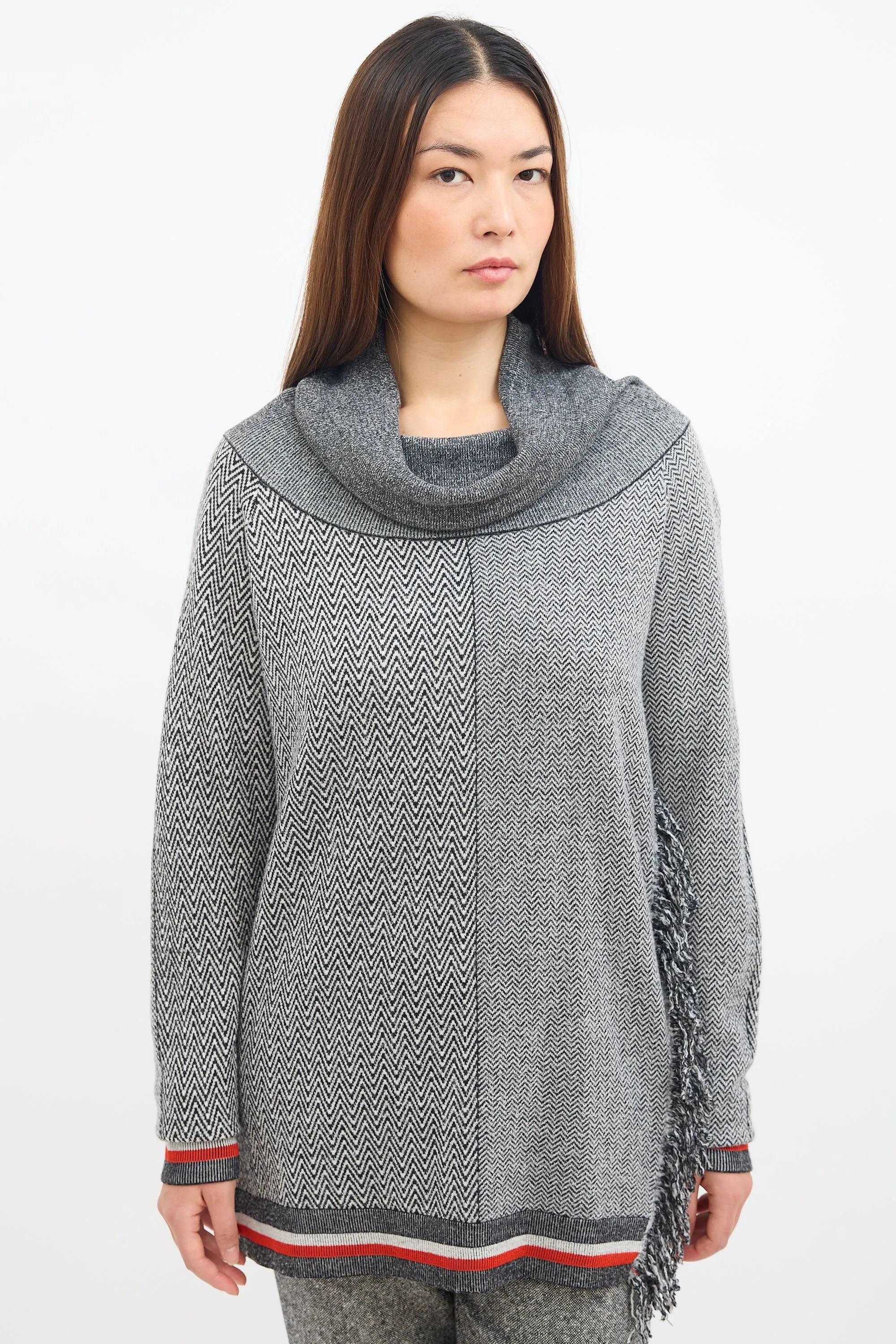 Grey Tweed Stripe & Fringe Sweater