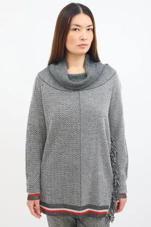 Grey Tweed Stripe & Fringe Sweater
