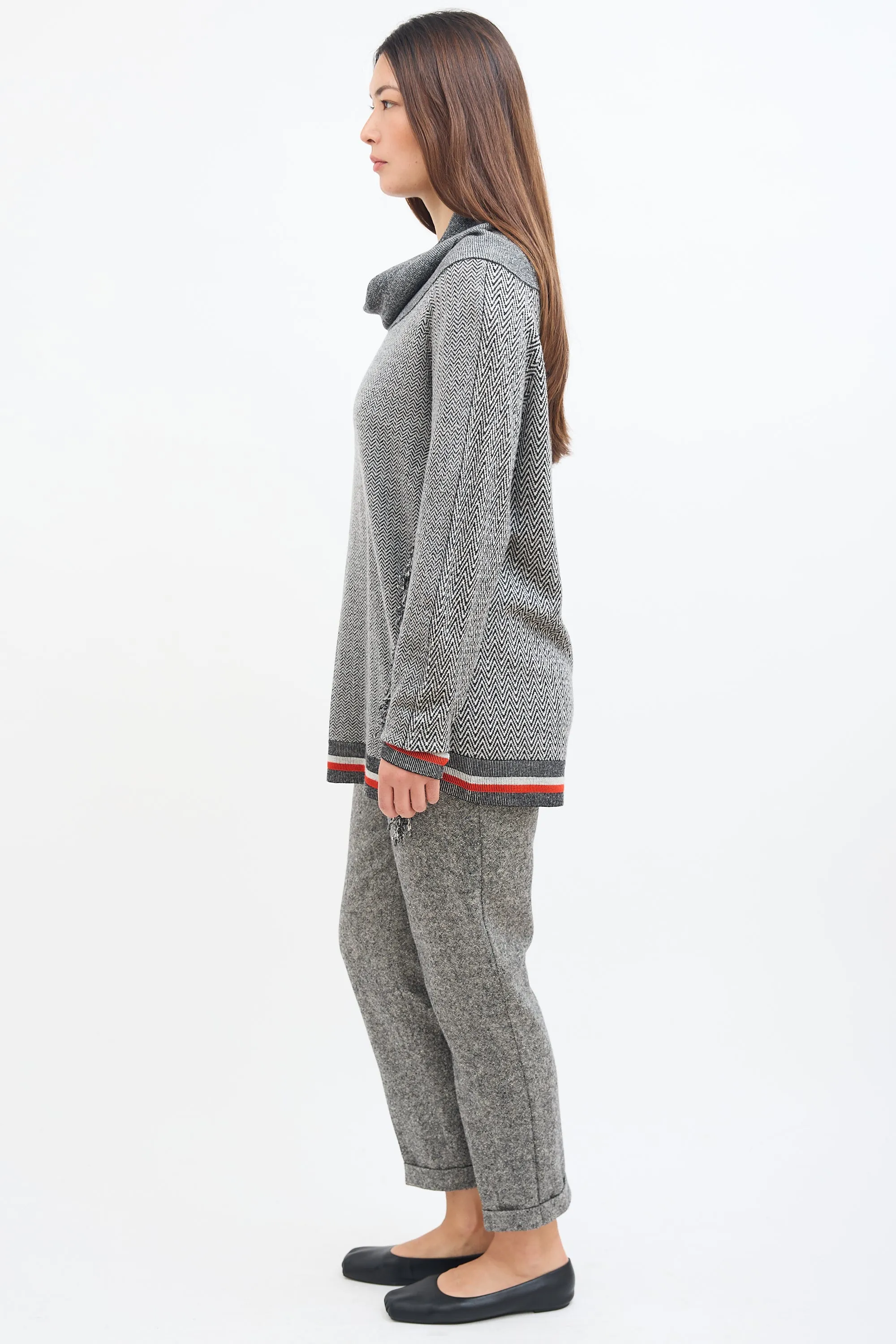 Grey Tweed Stripe & Fringe Sweater