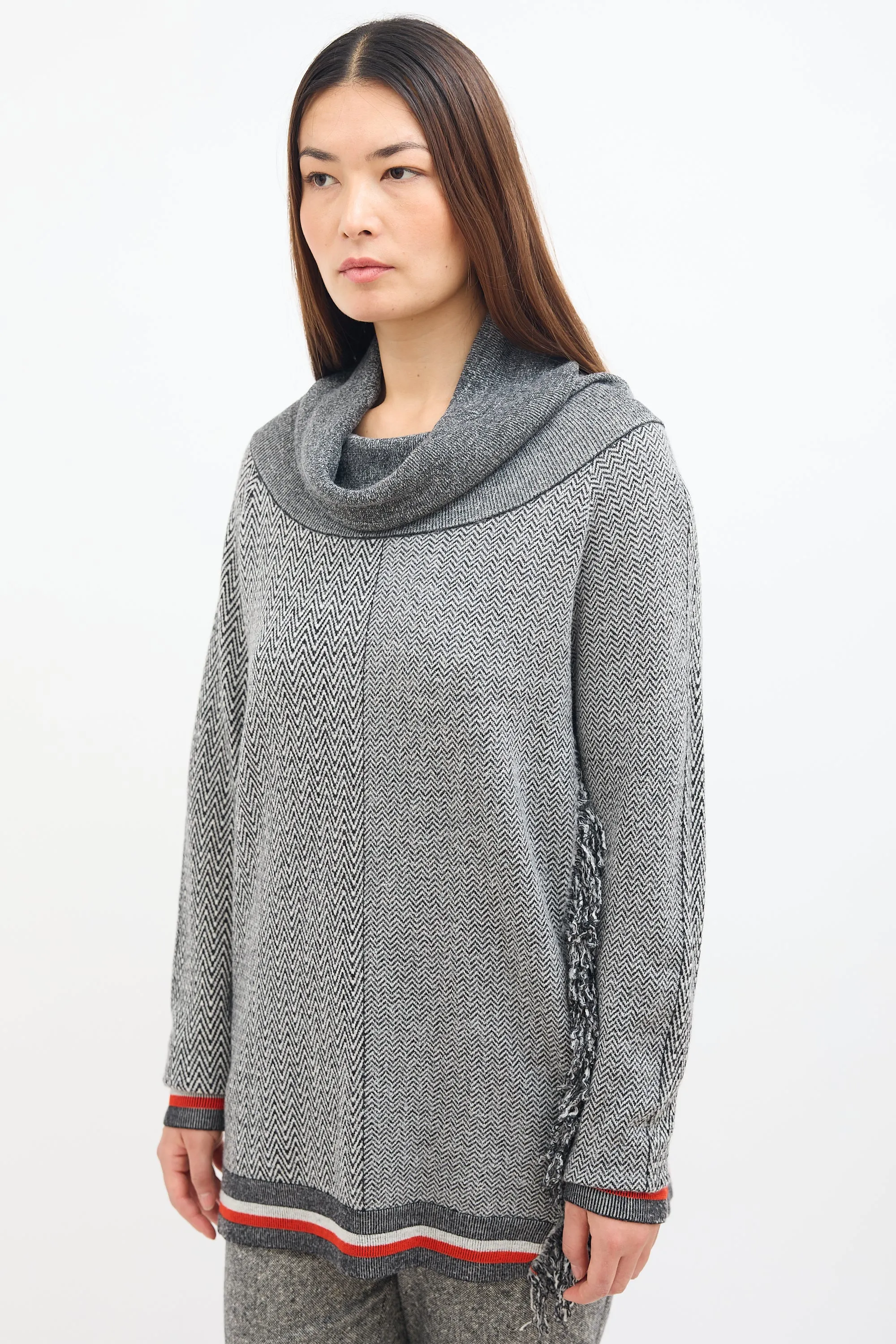 Grey Tweed Stripe & Fringe Sweater