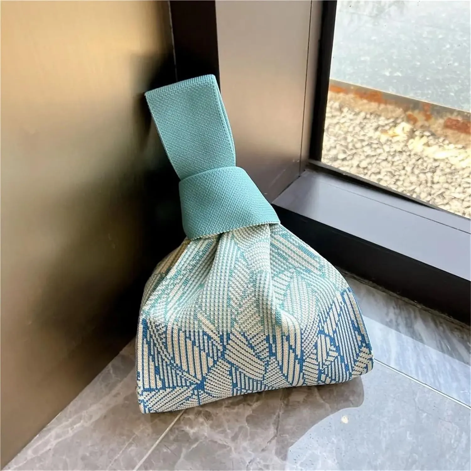 Handmade Knit Handbag Knot Wrist Bag Reusable Mini Tote Bag Women Girls Shoulder Bag Fashion Shopping Bags(Color-03)