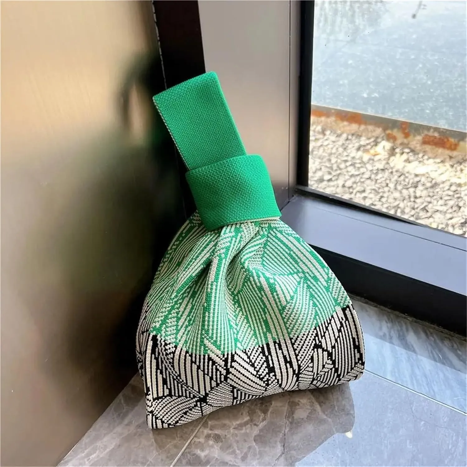 Handmade Knit Handbag Knot Wrist Bag Reusable Mini Tote Bag Women Girls Shoulder Bag Fashion Shopping Bags(Color-03)