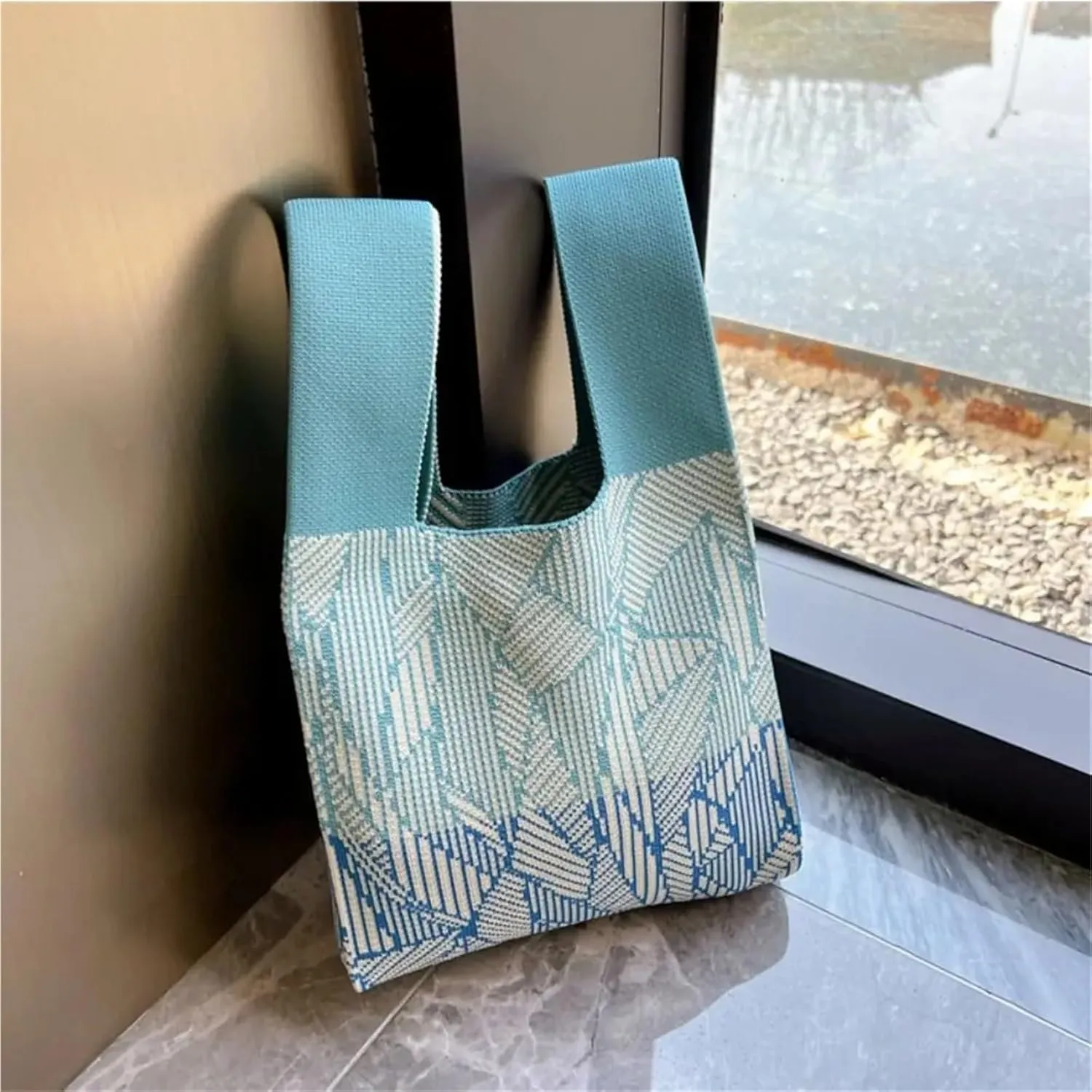 Handmade Knit Handbag Knot Wrist Bag Reusable Mini Tote Bag Women Girls Shoulder Bag Fashion Shopping Bags(Color-03)