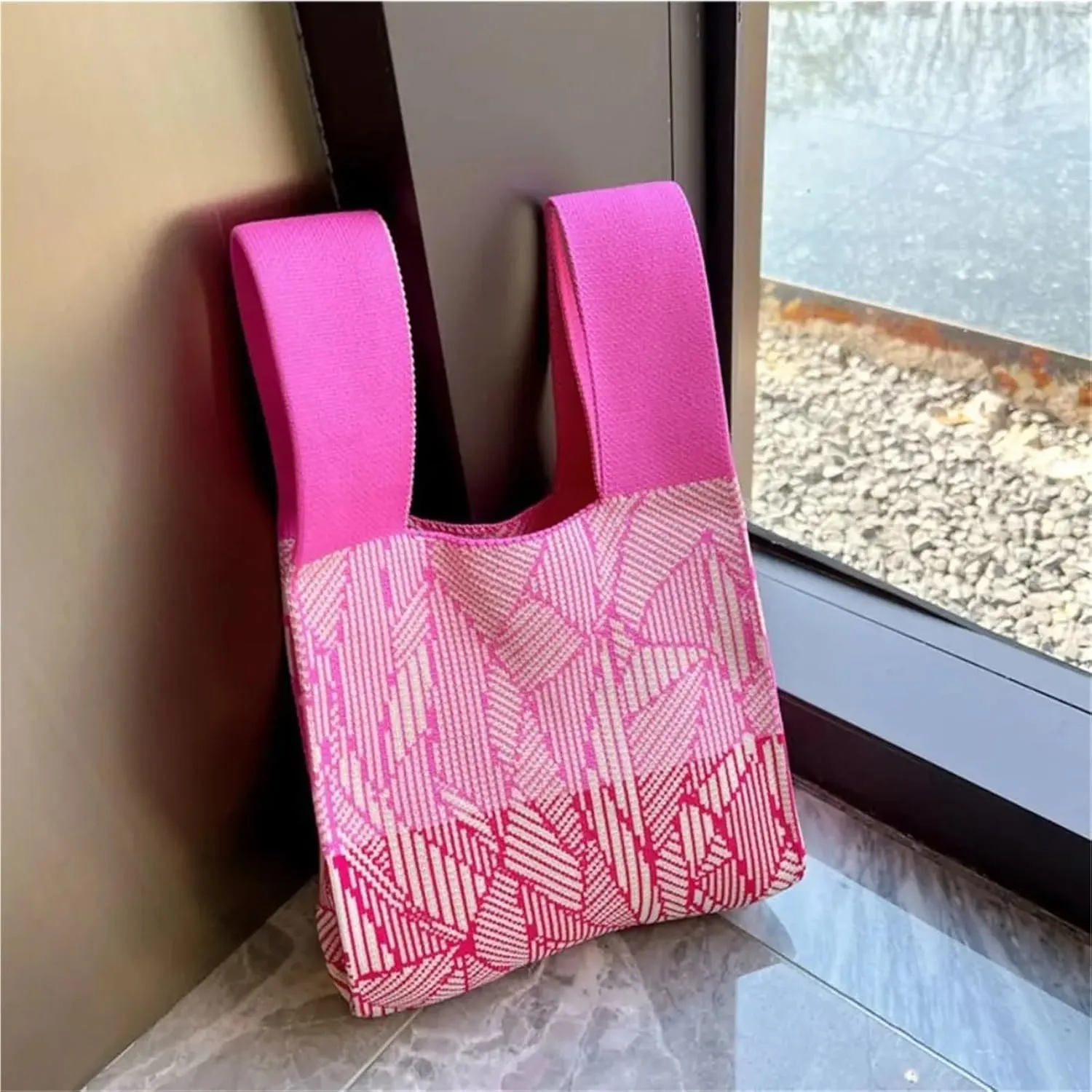 Handmade Knit Handbag Knot Wrist Bag Reusable Mini Tote Bag Women Girls Shoulder Bag Fashion Shopping Bags(Color-03)