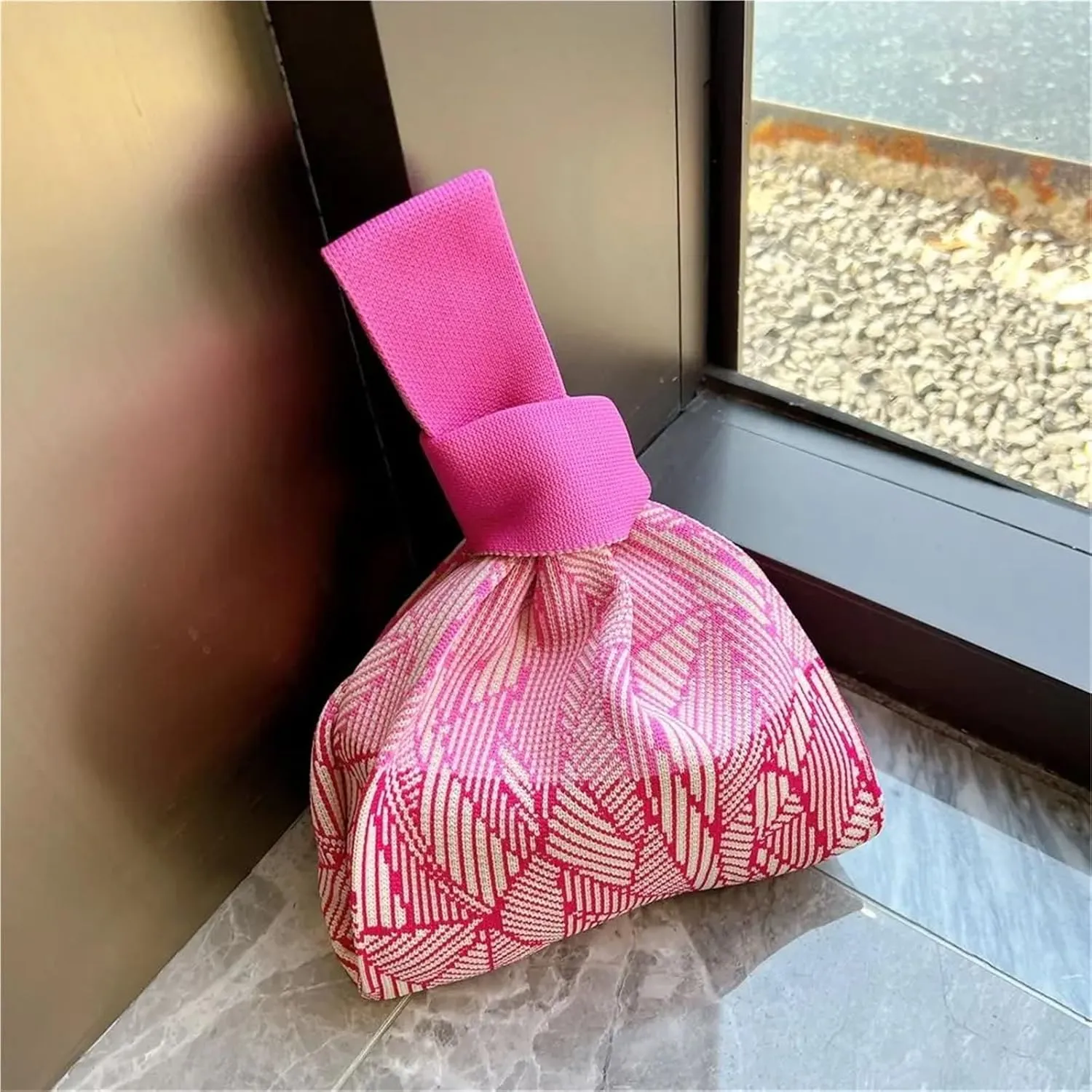 Handmade Knit Handbag Knot Wrist Bag Reusable Mini Tote Bag Women Girls Shoulder Bag Fashion Shopping Bags(Color-03)
