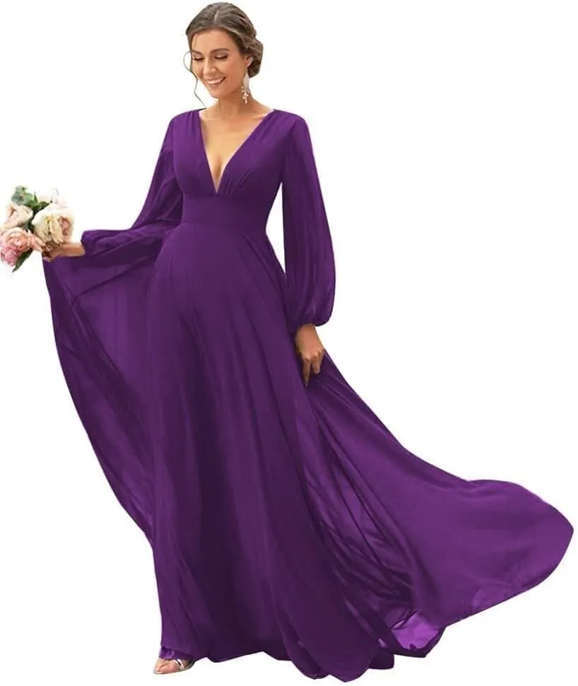 IIF Chiffon Long Sleeve Bridesmaid Dresses for Women Double V Neck A-line Prom Dress with Slit IIF032