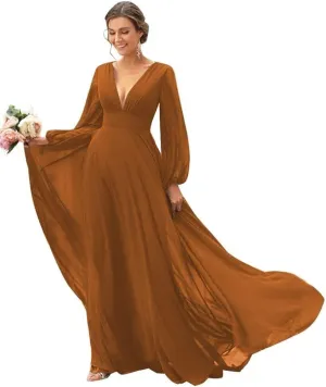 IIF Chiffon Long Sleeve Bridesmaid Dresses for Women Double V Neck A-line Prom Dress with Slit IIF032