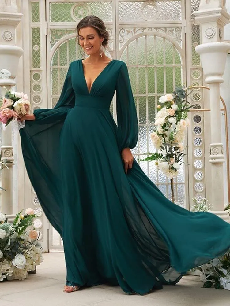 IIF Chiffon Long Sleeve Bridesmaid Dresses for Women Double V Neck A-line Prom Dress with Slit IIF032