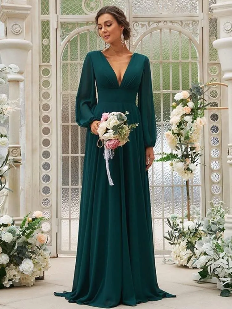 IIF Chiffon Long Sleeve Bridesmaid Dresses for Women Double V Neck A-line Prom Dress with Slit IIF032