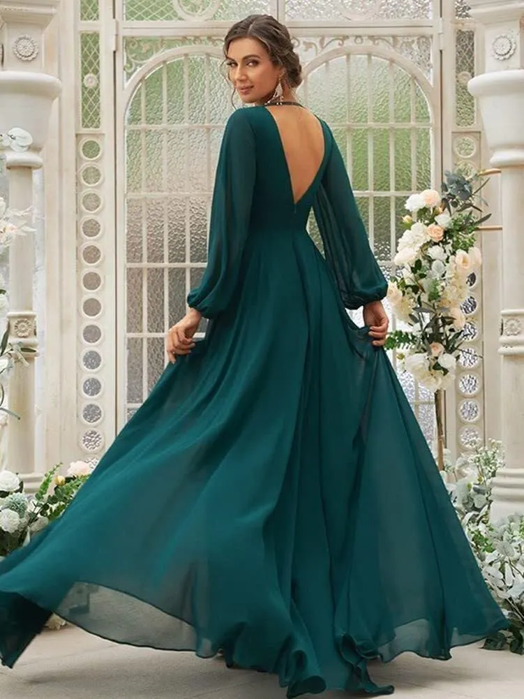 IIF Chiffon Long Sleeve Bridesmaid Dresses for Women Double V Neck A-line Prom Dress with Slit IIF032